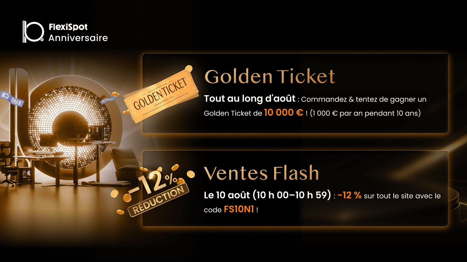 FlexiSpot fête ses 10 ans : offres flash d'août 2026